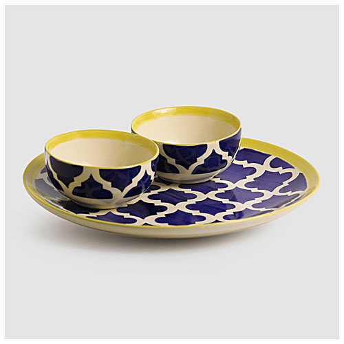 ExclusiveLane Ceramic Plate With Serving Bowl - Moroccan Platter Pack, Hand-painted, 3 pcs