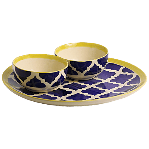 ExclusiveLane Ceramic Plate With Serving Bowl - Moroccan Platter Pack, Hand-painted, 3 pcs