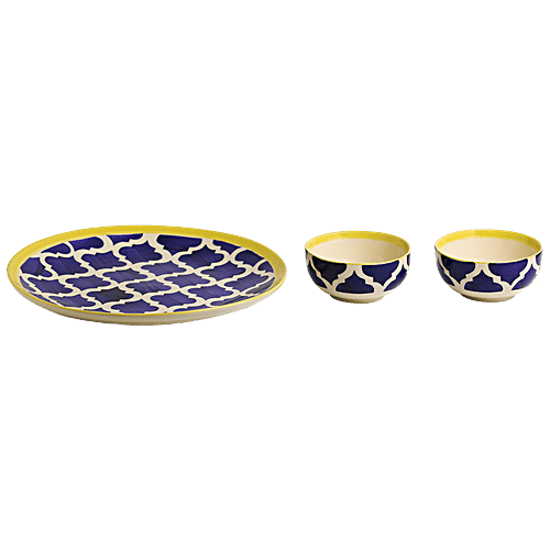 ExclusiveLane Ceramic Plate With Serving Bowl - Moroccan Platter Pack, Hand-painted, 3 pcs