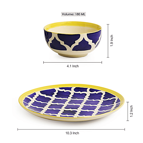 ExclusiveLane Ceramic Plate With Serving Bowl - Moroccan Platter Pack, Hand-painted, 3 pcs