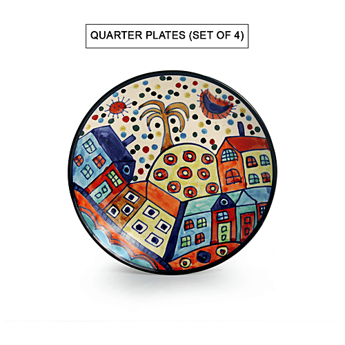 ExclusiveLane Ceramic Dinner Set - Quarter Plates, With Katoris, Hut Dining' Hand-painted, 12 pcs  