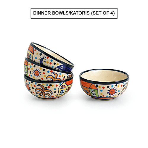 ExclusiveLane Ceramic Dinner Set - Quarter Plates, With Katoris, Hut Dining' Hand-painted, 12 pcs  