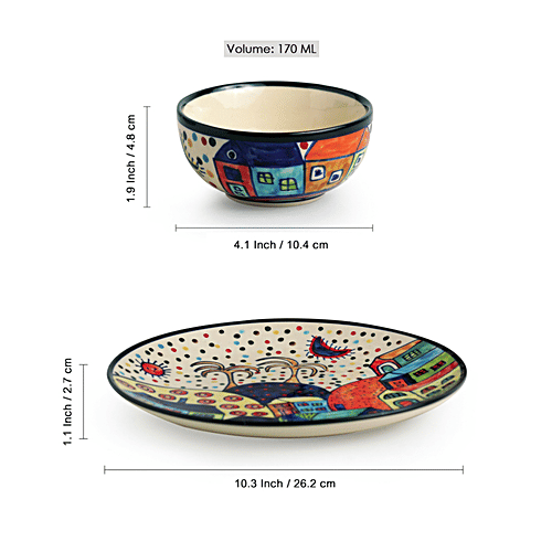ExclusiveLane Ceramic Dinner Set - Quarter Plates, With Katoris, Hut Dining' Hand-painted, 12 pcs  