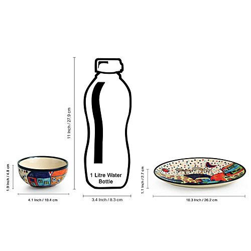 ExclusiveLane Ceramic Dinner Set - Quarter Plates, With Katoris, Hut Dining' Hand-painted, 12 pcs  