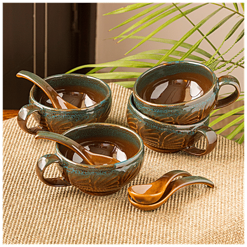Buy ExclusiveLane Ceramic Soup Bowls With Spoons, Amber & Teal Studio
