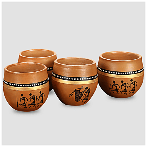ExclusiveLane Kulhads - Hand-Painted In Terracotta, New-Old World Charms' Warli, 220 ml (Set of 4)