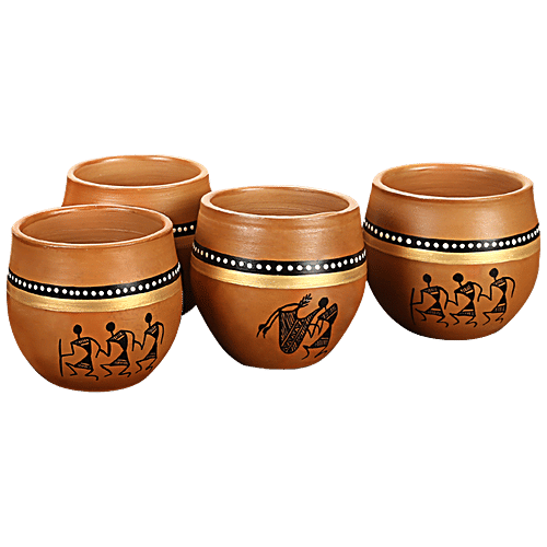 ExclusiveLane Kulhads - Hand-Painted In Terracotta, New-Old World Charms' Warli, 220 ml (Set of 4)