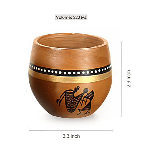 ExclusiveLane Kulhads - Hand-Painted In Terracotta, New-Old World Charms' Warli, 220 ml (Set of 4)