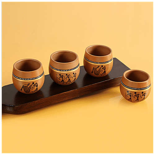 ExclusiveLane Kulhads - Hand-Painted In Terracotta, New-Old World Charms' Warli, 220 ml (Set of 4)