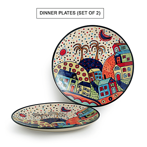 ExclusiveLane Ceramic Dinner Plates - The Hut Couple, Hand-Painted, 26 cm, 2 pcs