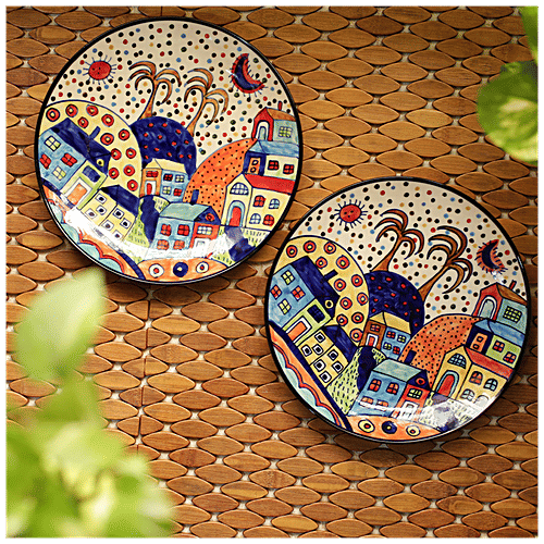 ExclusiveLane Ceramic Dinner Plates - The Hut Couple, Hand-Painted, 26 cm, 2 pcs