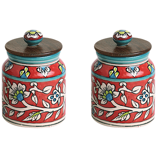 ExclusiveLane Ceramic Multi Utility Storage Jars/Containers - Mughal Cylindrical Duo, Floral, Non Airtight & Hand Painted, 13 cm, 410 ml (Set of 2) 