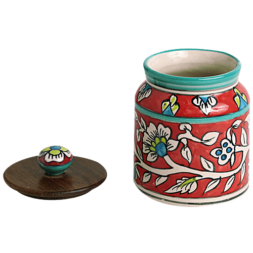 ExclusiveLane Ceramic Multi Utility Storage Jars/Containers - Mughal Cylindrical Duo, Floral, Non Airtight & Hand Painted, 13 cm, 410 ml (Set of 2) 