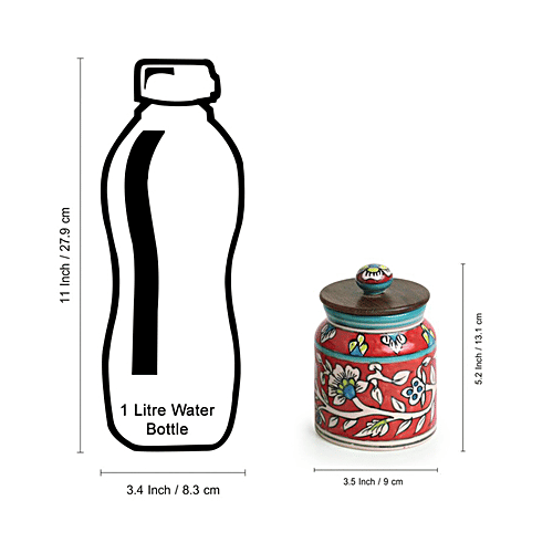 ExclusiveLane Ceramic Multi Utility Storage Jars/Containers - Mughal Cylindrical Duo, Floral, Non Airtight & Hand Painted, 13 cm, 410 ml (Set of 2) 