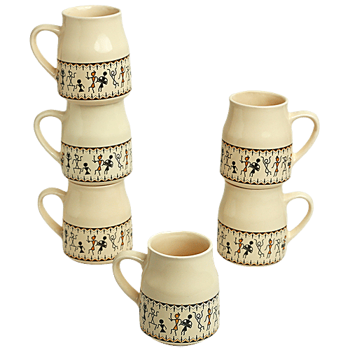 ExclusiveLane Ceramic Tea Cups - Whispers Of Warli, Handcrafted, Microwave Safe, 140 ml (Set of 6) 