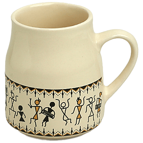 ExclusiveLane Ceramic Tea Cups - Whispers Of Warli, Handcrafted, Microwave Safe, 140 ml (Set of 6) 