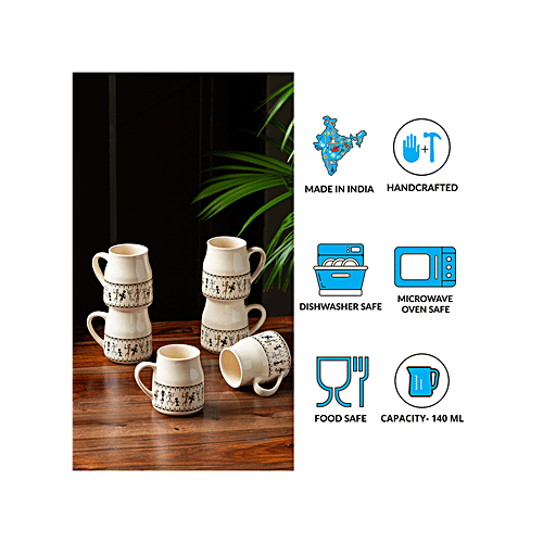 ExclusiveLane Ceramic Tea Cups - Whispers Of Warli, Handcrafted, Microwave Safe, 140 ml (Set of 6) 