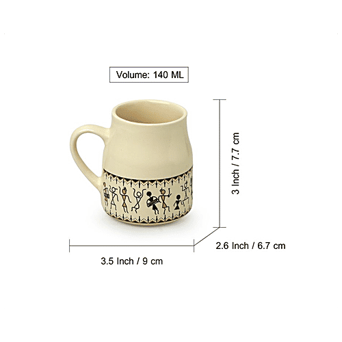 ExclusiveLane Ceramic Tea Cups - Whispers Of Warli, Handcrafted, Microwave Safe, 140 ml (Set of 6) 