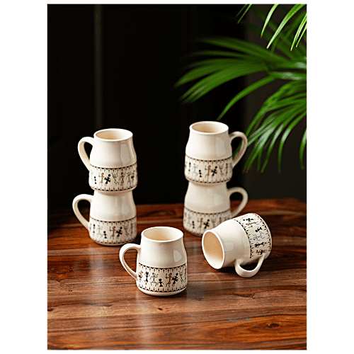 ExclusiveLane Ceramic Tea Cups - Whispers Of Warli, Handcrafted, Microwave Safe, 140 ml (Set of 6) 