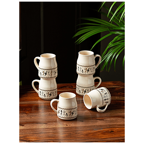 ExclusiveLane Ceramic Tea Cups - Whispers Of Warli, Handcrafted, Microwave Safe, 140 ml (Set of 6) 
