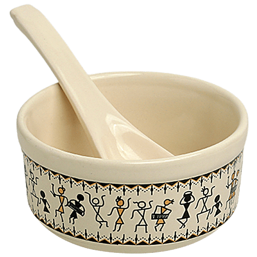 ExclusiveLane Ceramic Soup Bowls - With Spoons, Whispers of Warli, Handcrafted, Microwave Safe, 300 ml (Set of 4)