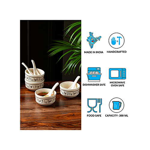 ExclusiveLane Ceramic Soup Bowls - With Spoons, Whispers of Warli, Handcrafted, Microwave Safe, 300 ml (Set of 4)