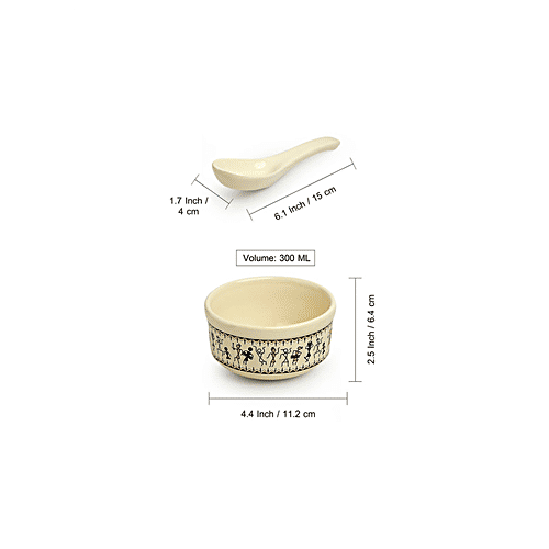 ExclusiveLane Ceramic Soup Bowls - With Spoons, Whispers of Warli, Handcrafted, Microwave Safe, 300 ml (Set of 4)