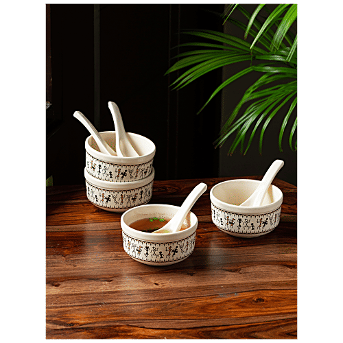 ExclusiveLane Ceramic Soup Bowls - With Spoons, Whispers of Warli, Handcrafted, Microwave Safe, 300 ml (Set of 4)