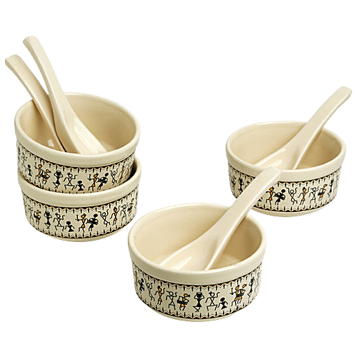 ExclusiveLane Ceramic Soup Bowls - With Spoons, Whispers of Warli, Handcrafted, Microwave Safe, 300 ml (Set of 4)