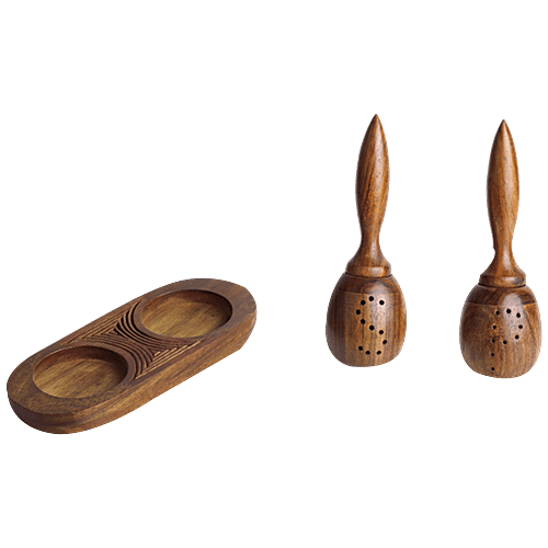 ExclusiveLane Unique Slanting Salt & Pepper Shaker With Tray In Sheesham Wood - Elegant Design, 40 ml (Set of 2) 
