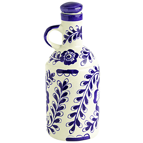 ExclusiveLane The Flowy Flora Mughal Hand-Painted Ceramic Oil Bottle With Ink Blue Decorations, 1 kg