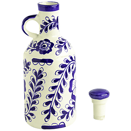 ExclusiveLane The Flowy Flora Mughal Hand-Painted Ceramic Oil Bottle With Ink Blue Decorations, 1 kg