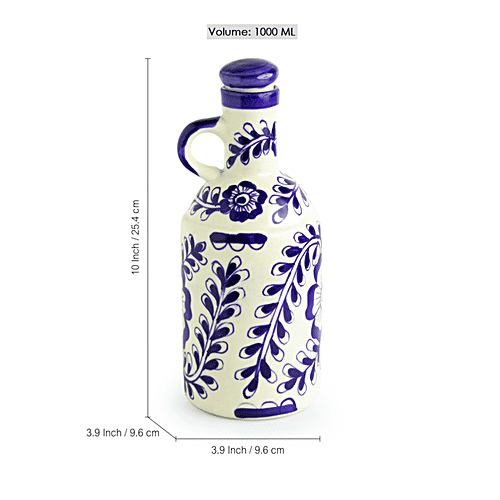 ExclusiveLane The Flowy Flora Mughal Hand-Painted Ceramic Oil Bottle With Ink Blue Decorations, 1 kg