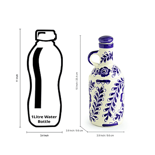 ExclusiveLane The Flowy Flora Mughal Hand-Painted Ceramic Oil Bottle With Ink Blue Decorations, 1 kg