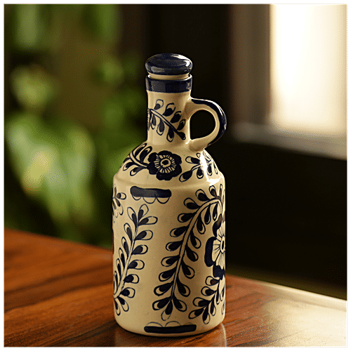 ExclusiveLane The Flowy Flora Mughal Hand-Painted Ceramic Oil Bottle With Ink Blue Decorations, 1 kg