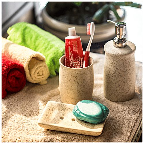 ExclusiveLane Elegant Hand-Painted Ceramic Bathroom Accessory - Modern Design, Off White Colour, 3 pcs  