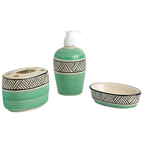 ExclusiveLane Sea Green Sky Hand-Painted Ceramic Bathroom Accessory - Elegant Design, 3 pcs  