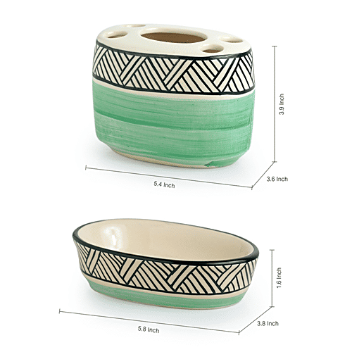 ExclusiveLane Sea Green Sky Hand-Painted Ceramic Bathroom Accessory - Elegant Design, 3 pcs  