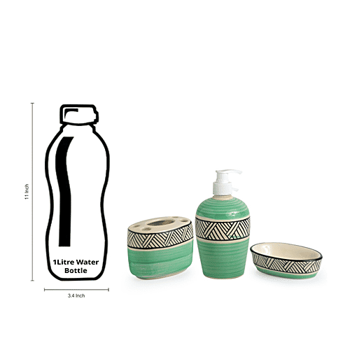 ExclusiveLane Sea Green Sky Hand-Painted Ceramic Bathroom Accessory - Elegant Design, 3 pcs  