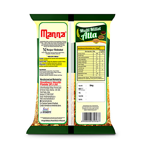 Manna Multi Millet Atta - Made From Ragi, Jowar & Bajra, Rich In Protien, Fibre, Iron, Healthy, 5 kg
