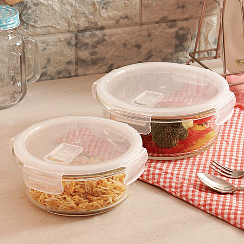 Femora Borosilicate Glass Food Storage Container - Round With Air Vent Lid, Microwave Safe, For Kitchen & Office Use, 380 ml  