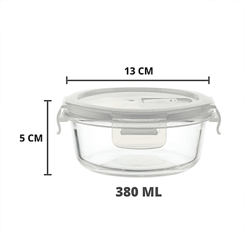 Femora Borosilicate Glass Food Storage Container - Round With Air Vent Lid, Microwave Safe, For Kitchen & Office Use, 380 ml  