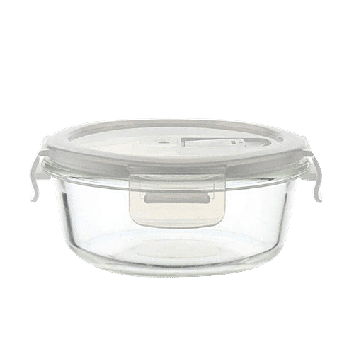 Femora Borosilicate Glass Food Storage Container - Round With Air Vent Lid, Microwave Safe, For Kitchen & Office Use, 380 ml  