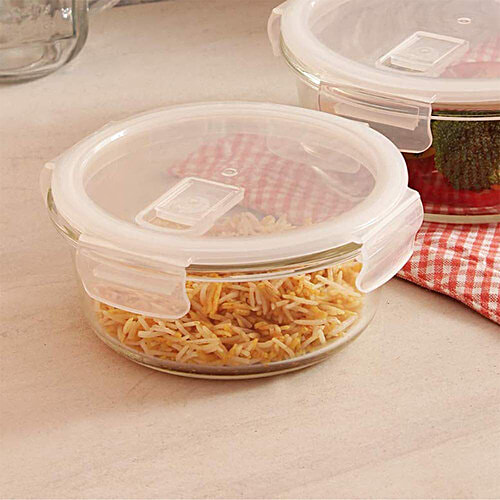 Femora Borosilicate Glass Food Storage Container - Round With Air Vent Lid, Microwave Safe, For Kitchen & Office Use, 380 ml  