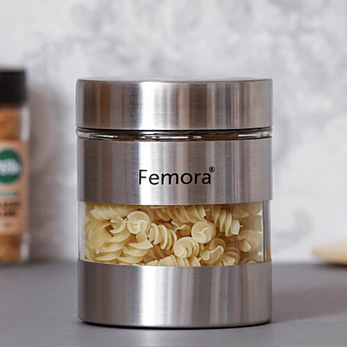 Femora Kitchen Storage Jar - Metallic Clear Glass,For Storing Pulses ,Grains, 700 ml (1 pc) 