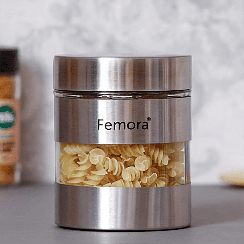 Femora Kitchen Storage Jar - Metallic Clear Glass,For Storing Pulses ,Grains, 700 ml (1 pc) 