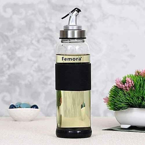 Femora Borosilicate Glass Oil Dispenser With Lid - Clear, Drip Free Spout, Controlled Use, 1 L (1 pc) 