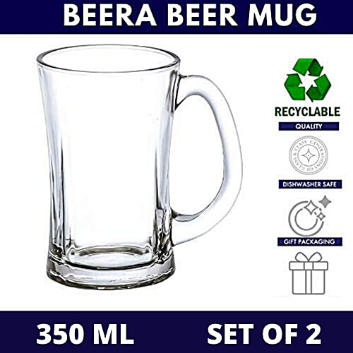 Femora Beera Glass Beer Mug - Transparent, Clear Finish With Handle & Heavy Base, 350 ml (Set of 2)