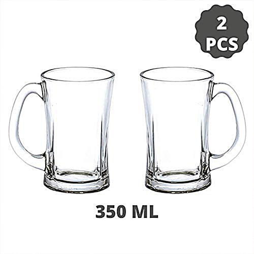 Femora Beera Glass Beer Mug - Transparent, Clear Finish With Handle & Heavy Base, 350 ml (Set of 2)