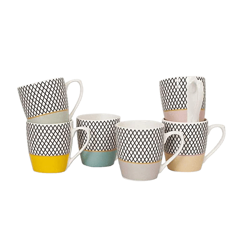 Femora Bone China Tea Cup Set - Indian Ceramic, Fine Quality, Handcrafted, Multicolour, Small Serving, 160 ml (Set of 6) 